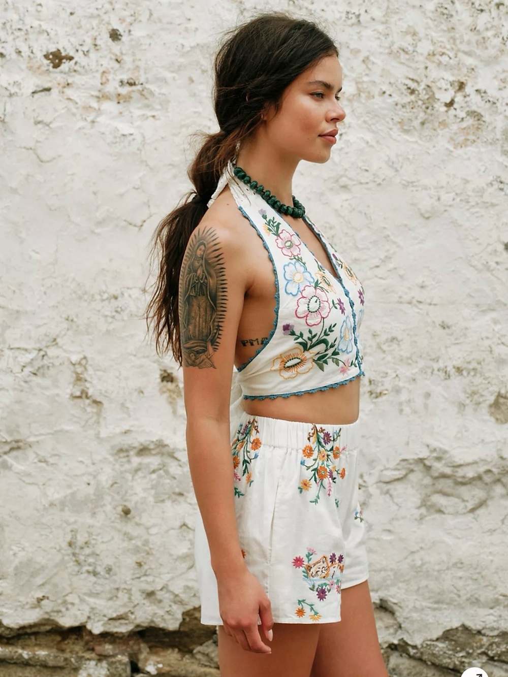 Free People Lucy Mae Embroidered White Eyelet Halter Croped Top & Shorts Set